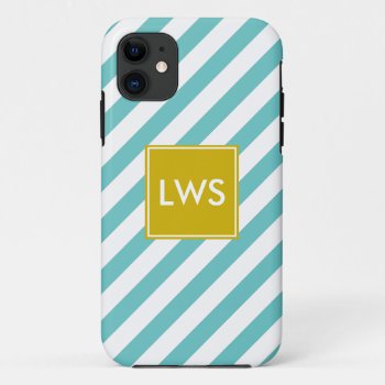 Mint Diagonal Stripes Monogram Iphone 11 Case by heartlockedcases at Zazzle