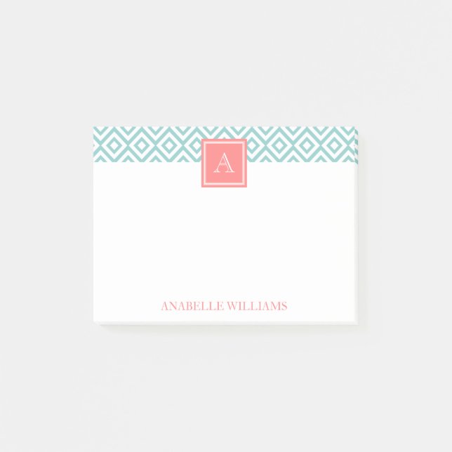 Mint Diamonds Pattern and Coral Monogram Post-it Notes (Front)