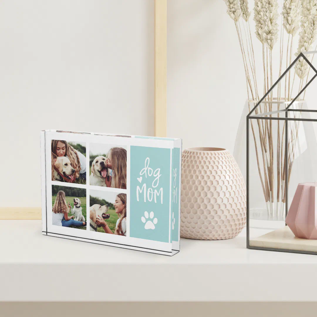 Personalized mint photo block featuring dog mom paw print design with custom pet photo collage, decorative desk accessory.