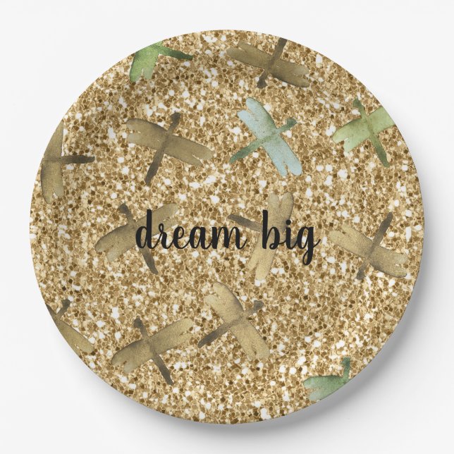 Mint Dragonflies Gold Glam Glitter Dream Paper Plates (Front)