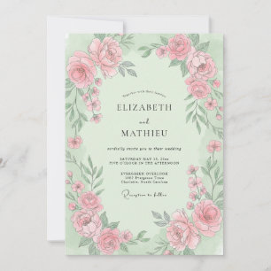 Mint Dusty Pink Ranunculus Eucalyptus Wedding Invitation