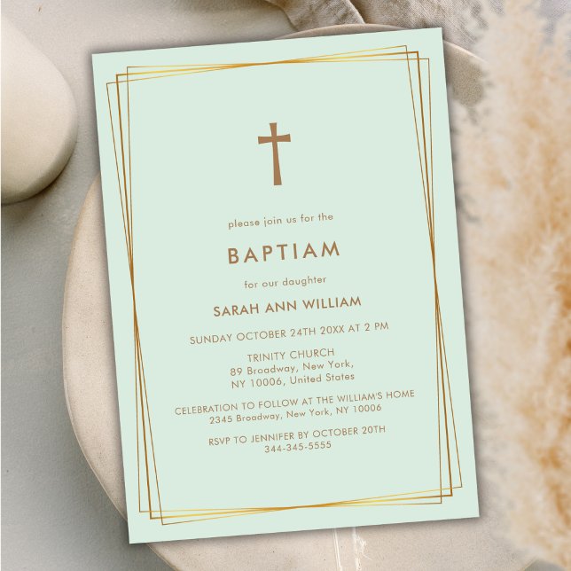 Mint Elegant Gold Typography Cross Frame Baptism Invitation (Mint Elegant Gold Typography Cross Frame Baptism Invitation)