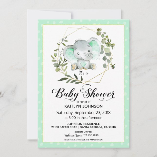Mint Elephant Modern Baby Shower Invitation (Front)