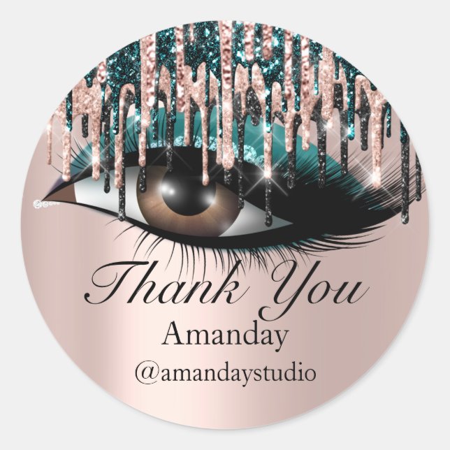 Mint Eyelashes Extension Makeup Rose Teal Drips Classic Round Sticker (Front)