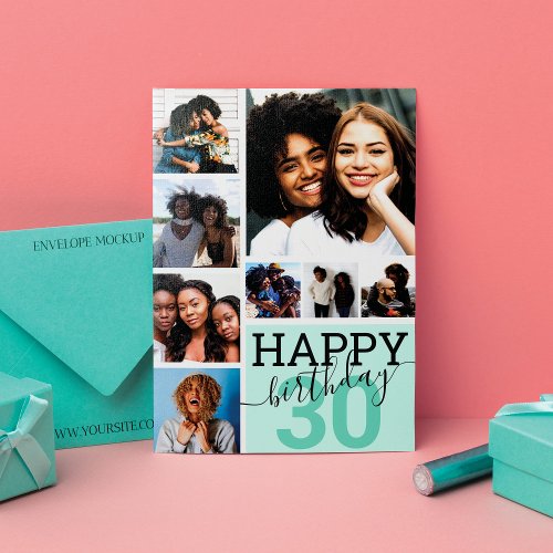Mint Family Friends Photo Collage Happy Birthday Card