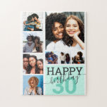 Mint Family Friends Photo Collage Happy Birthday Jigsaw Puzzle<br><div class="desc">This cool and cute happy birthday puzzle is perfect for any friend or family member. It features eight customizable photograph pictures with the quote, "Happy Birthday, " on top of a teal green "30" (which can be changed to any age) and mint green color block square. It's modern, fun, and...</div>