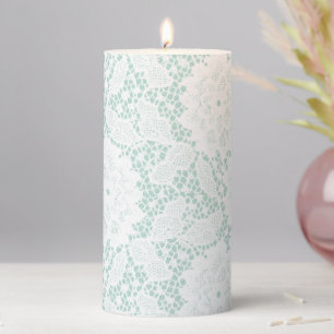 Mint Faux Floral Lace Flowers & Leaves Pillar Candle