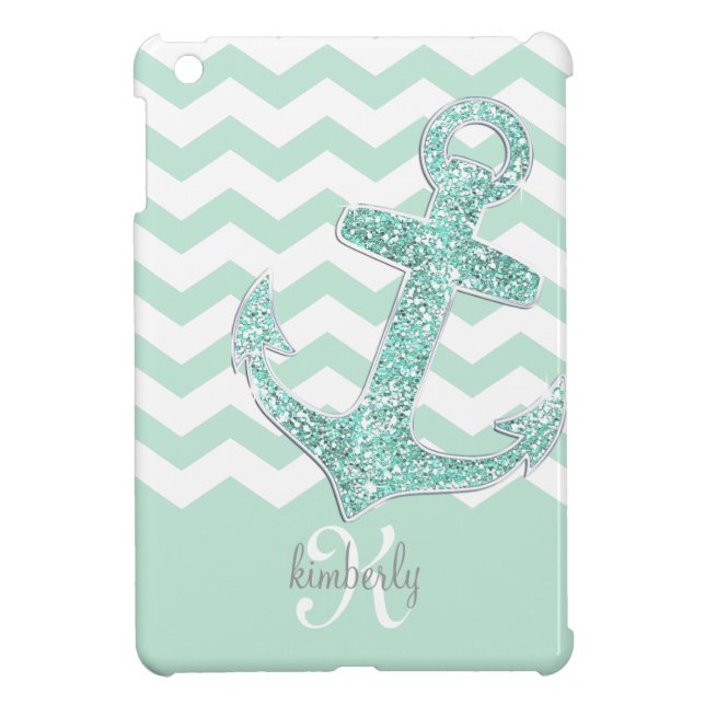 Mint Faux Glitter Anchor Chevron Personalized iPad Mini Case (Back)