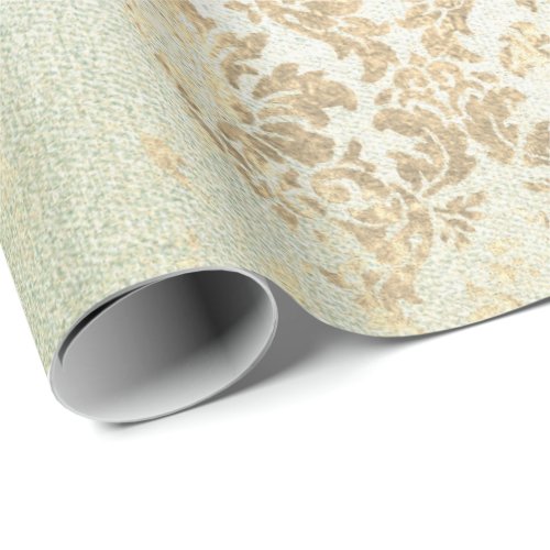 Mint Faux Gold Floral Cottage Grungy Damask Wrapping Paper