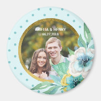 Mint Faux Gold, Watercolor Floral Wedding Photo Magnet