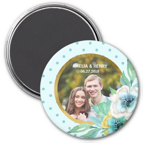 Mint Faux Gold Watercolor Floral Wedding Photo Magnet