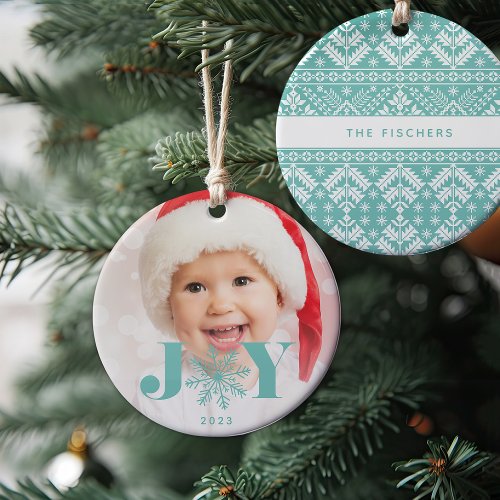 Mint  Festive Joy Holiday Photo Ceramic Ornament