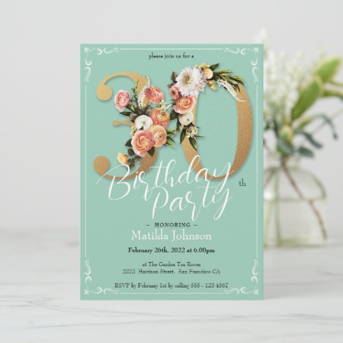 Mint Floral 30th Birthday Gold Foil Pretty Glam