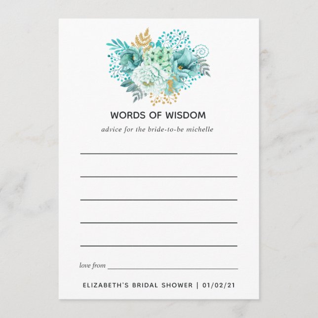 Mint Floral Bridal Shower Tea Party Advice Card (Front)