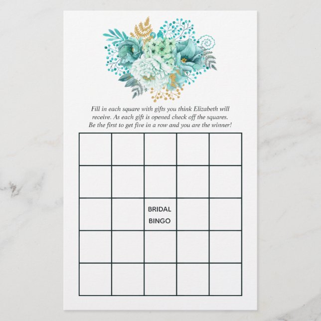 Mint Floral Bridal Shower Tea Party Bingo (Front)
