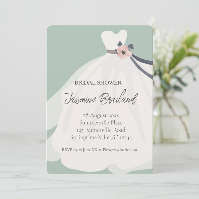 Mint Floral Bride Gown Bridal Shower  Invitation (Standing Front)