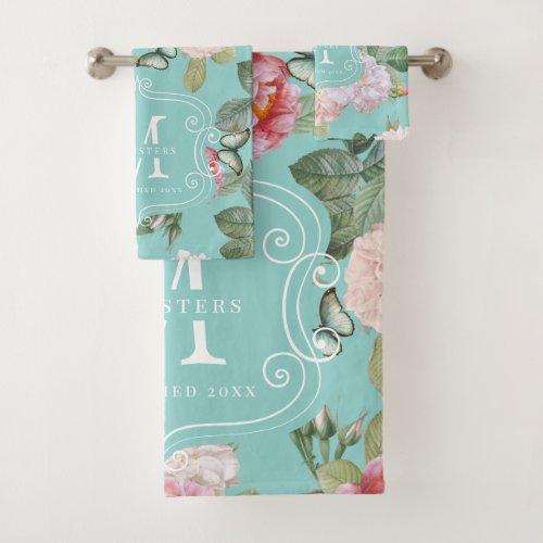 Mint Floral Custom Monogram Family Established Bath Towel Set