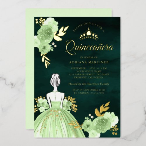 Mint Floral Dress Emerald Green Quinceanera Gold Foil Invitation