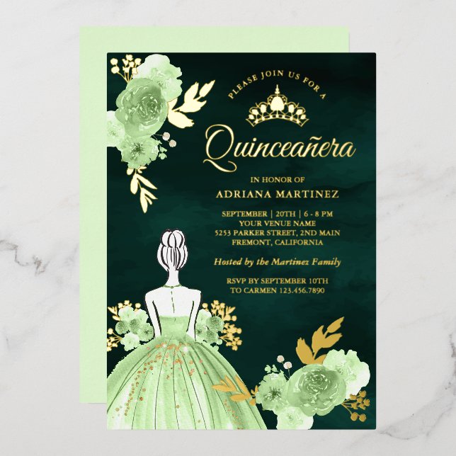 Mint Floral Dress Emerald Green Quinceanera Gold Foil Invitation (Front/Back)