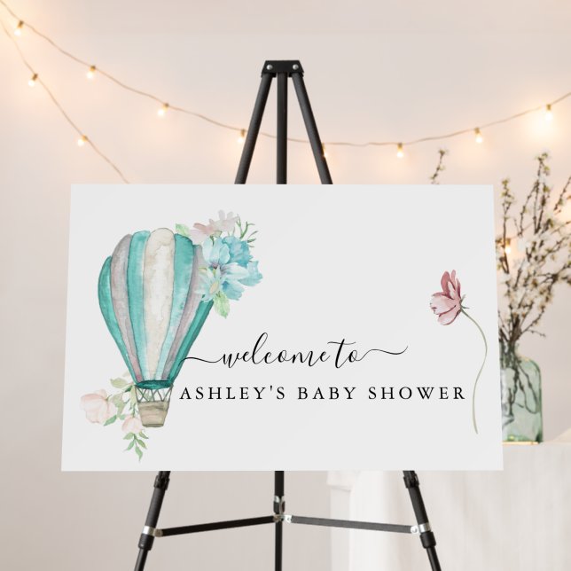 Mint Floral Hot Air Balloon Baby Shower Foam Board (In Situ (Stand))