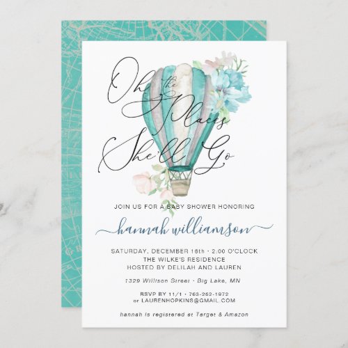 Mint Floral Hot Air Balloon Baby Shower Invitation