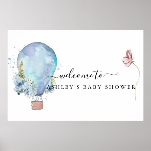 Mint Floral Hot Air Balloon Baby Shower Poster