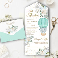 Mint Floral Hot Air Balloon Elephant Baby Shower