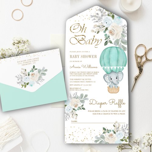 Mint Floral Hot Air Balloon Elephant Baby Shower All In One Invitation