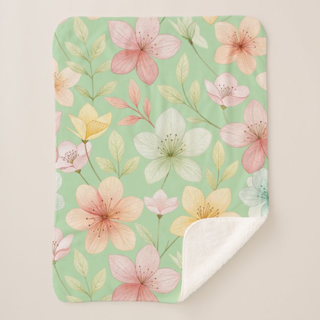 Mint Floral Small Sherpa Blanket (Front)