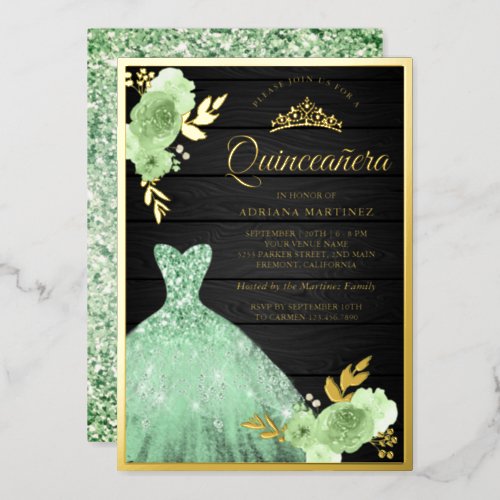 Mint Floral Sparkle Dress Wood Quinceanera Gold Foil Invitation
