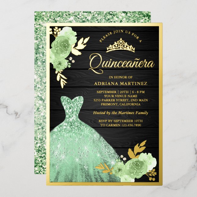 Mint Floral Sparkle Dress Wood Quinceanera Gold Foil Invitation (Front/Back)