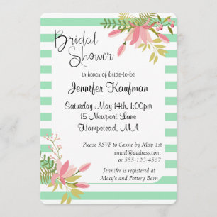 Mint Floral Stripe Wedding Script   Bridal Shower Invitation