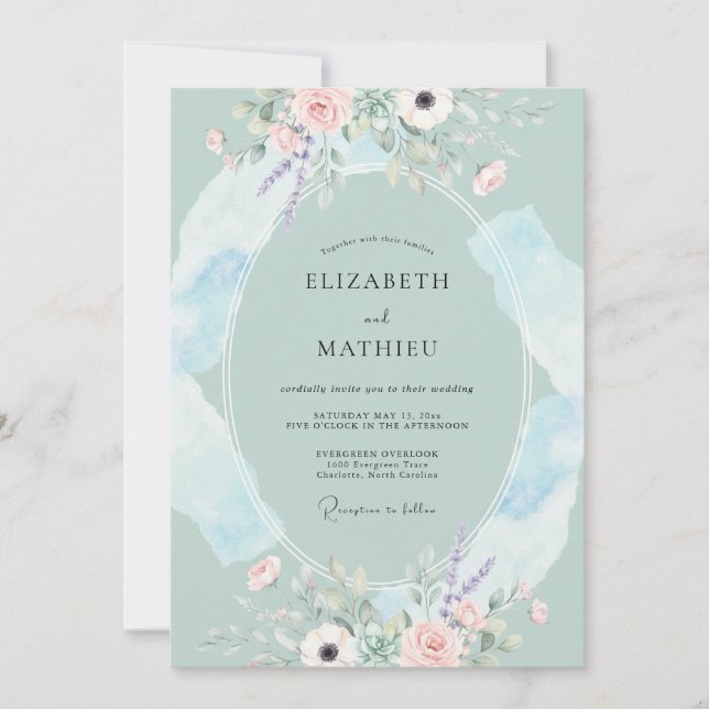 Mint Floral Swirl Wedding Invitation (Front)