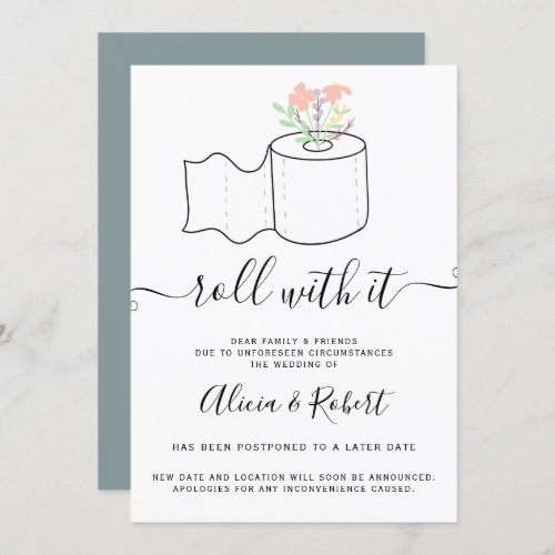 Mint floral wedding postponed roll with it blue invitation