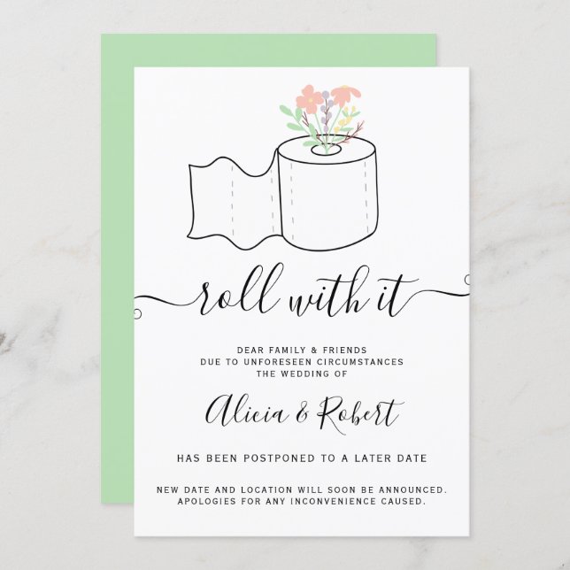 Mint floral wedding postponed roll with it invitation (Front/Back)