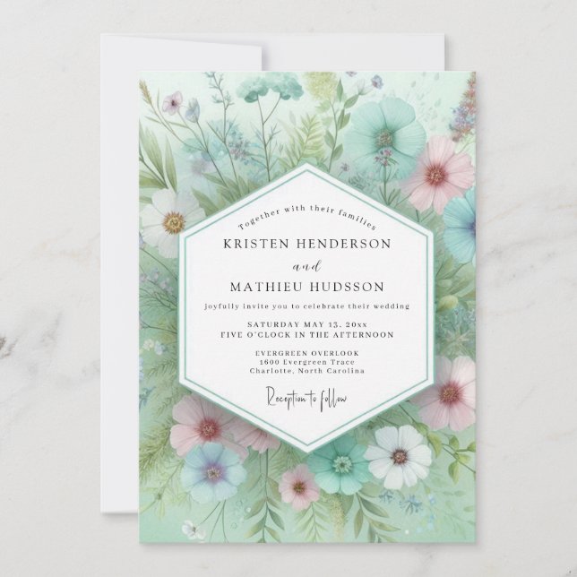 Mint Floral Whimsical Wedding Invitation (Front)