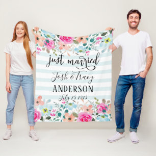 Mint Flower Just Married Announcement Fleece Blanket