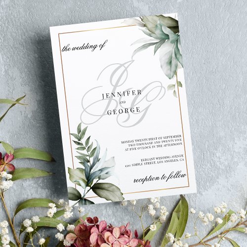 Mint foliage monogram initials elegant wedding invitation