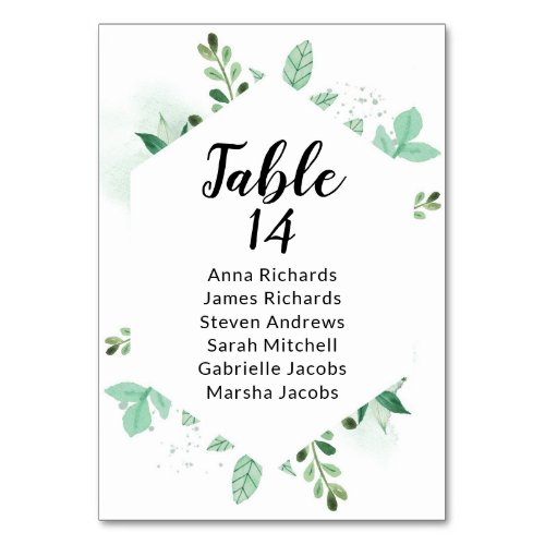 Mint Foliage Wedding Reception Guest Seating Chart Table Number