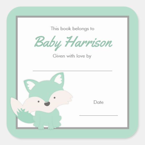 Mint Fox Baby Shower Bookplate neutral gender Square Sticker