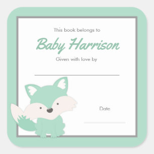 Mint Fox Baby Shower Bookplate, neutral gender Square Sticker