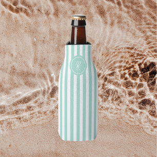 Mint French Beach Stripe Personalized Monogram Bottle Cooler