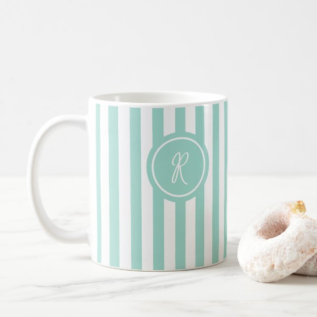Mint French Beach Stripe Personalized Monogram Coffee Mug (With Donut)
