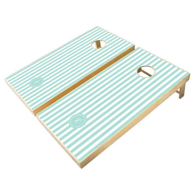 Mint French Beach Stripe Personalized Monogram Cornhole Set (Angled)