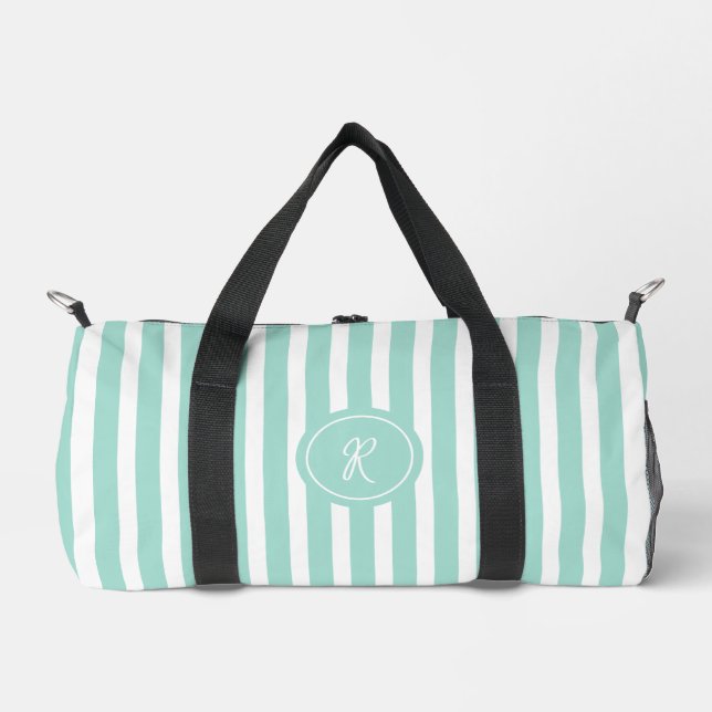 Mint French Beach Stripe Personalized Monogram Duffle Bag (Front)