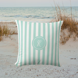 Mint French Beach Stripe Personalized Monogram Outdoor Pillow