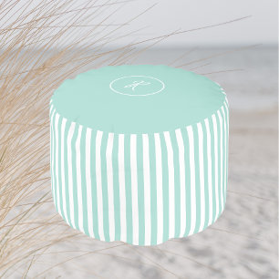 Mint French Beach Stripe Personalized Monogram Pouf