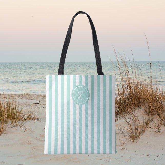 Mint French Beach Stripe Personalized Monogram Tote Bag (Creator Uploaded)