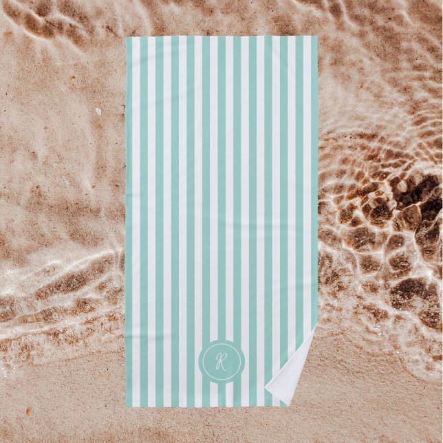 Mint French Beach Stripe Personalized Monogram Towel (Creator Uploaded)