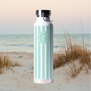 Mint French Beach Stripe Personalized Monogram Water Bottle